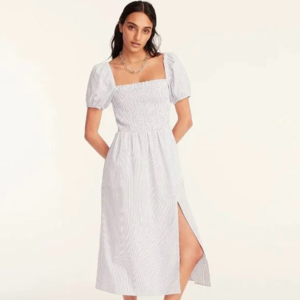 J. Crew White Striped Midi Dress with Puff Sleeves